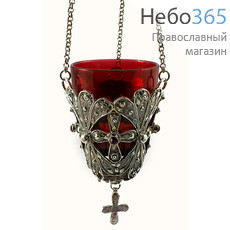  Лампада подвесная металлическая филигрань, сплав свинца и цинка, красный стеклянный стакан, стразы, 14 см №33 цвет: красный, фото 1 