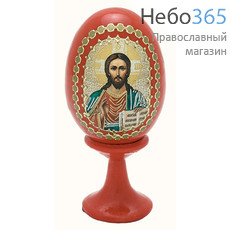  Яйцо пасхальное деревянное на подставке, с иконой, красное, миниатюрное, с цветной литографией и золотой аппликацией, выс. 5 см с иконами Спасителя, в ассортименте, фото 1 