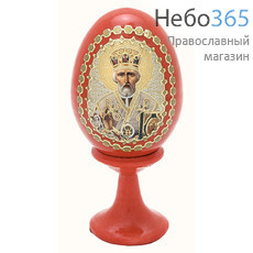  Яйцо пасхальное деревянное на подставке, с иконой, красное, миниатюрное,с цветной литографией и золотой аппликацией,выс. 5 см(без учета подст.) с иконами Святых, в ассортименте, фото 1 