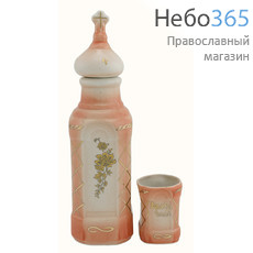  Сосуд керамический для святой воды, Квадрат, в наборе со стаканом, с цветной глазурью и зол. росписью, высотой 26.5 см, цвета в ассорт. цвет: розовый, фото 1 