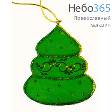  Сувенир рождественский деревянный, ёлочное украшение простое, в ассортименте, с цветной росписью (в уп.- 5 шт.), 10202 игрушка: елка, фото 1 