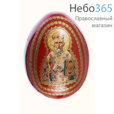 Яйцо пасхальное деревянное на подставке, с иконами, большое, цветное, высотой 12 см (без учета подставки) с иконой Святителя Николая Чудотворца, фото 1 