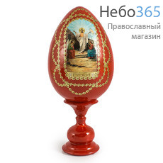  Яйцо пасхальное деревянное на подставке, с иконой, красное, среднее, с золотой отделкой, высотой 14см с иконой Воскресения Христова, фото 1 