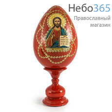  Яйцо пасхальное деревянное на подставке, с иконой, красное, среднее, с золотой отделкой, высотой 14см с иконой Господь Вседержитель, фото 1 