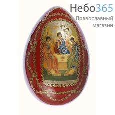  Яйцо пасхальное деревянное на подставке, с иконой, красное, среднее, с золотой отделкой, высотой 14см с иконой Святой Троицы, фото 1 