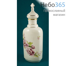  Сосуд керамический для святой воды, Плоский, с белой глазурью и деколью Розовые розы, с золотом, 7890, фото 2 