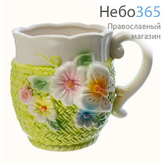  Чашка керамическая бокал, с имитацией вязаной оплетки, высотой 9,5 см, объемом 320 мл, 36397 Цвет: бело- салатовый, фото 1 
