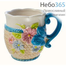  Чашка керамическая бокал, с имитацией вязаной оплетки, высотой 9,5 см, объемом 320 мл, 36397 Цвет: бежево- голубая, фото 1 