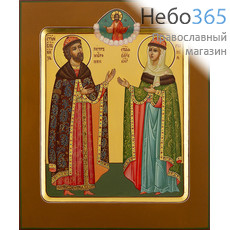  Петр и Феврония, благоверные князь и княгиня. Икона писаная 17,5х21х2 см, цветной фон, золотые нимбы, с ковчегом (Зб), фото 1 