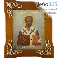  Икона в деревянной раме 14х17 см, со стеклом, с лепными позолоченными накладками (Мис) Николай Чудотворец, святитель (161503), фото 1 