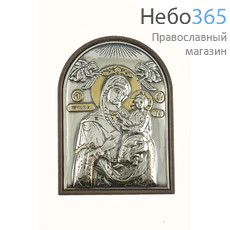  Скоропослушница икона Божией Матери. Икона в ризе 4х6х0,8 см, сплошной оклад, серебрение, золочение, арочная, на пластиковой основе (Ж) (EK1-PBG), фото 1 