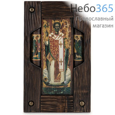  Николай Чудотворец, святитель. Икона на дереве 21х36х2,5, с предстоящими, в деревянной брусковой раме (Пин) (№3), фото 1 