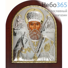  Николай Чудотворец, святитель. Икона в ризе 20х25, шелкография, серебрение, золочение, арочная, на деревянной основе (Бс) (EK5-ХAG), фото 1 