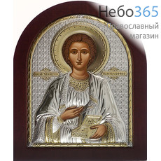  Пантелеимон, великомученик. Икона в ризе 15х19 см, шелкография, серебрение, золочение, арочная, на деревянной основе (Бс) (EK4-ХАG), фото 1 