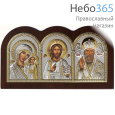  Триптих: Спаситель, Казанская икона Божией Матери, святитель Николай. Икона в ризе 21,5х12 см, полиграфия, серебрение, золочение, на деревянной основе (Ж) (GF0570/2), фото 1 