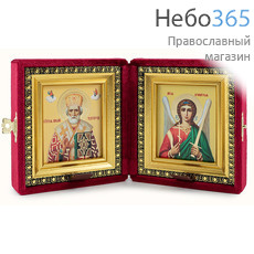  Складень бархатный 20х11 см, двойной, с иконами святителя Николая Чудотворца и Ангела Хранителя (6х7 см), с багетной рамой (0607Б40/1-И110), фото 1 