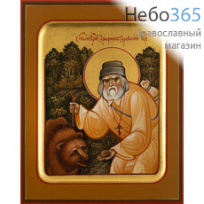  Серафим Саровский, преподобный (с медведем). Икона писаная 13х16х2, золотой фон, с ковчегом (Гл), фото 1 