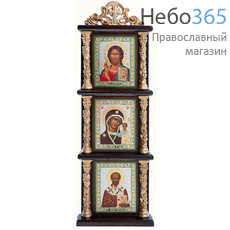  Спаситель, Казанская икона Божией Матери, святитель Николай Чудотворец. Киот деревянный 10х30 см с тремя иконами 6х9 см, вертикальный, с лепными позолоченными колоннами и навершием, без стекла, фото 1 
