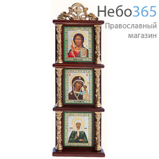  Спаситель, Казанская икона Божией Матери, блаженная Матрона Московская. Киот деревянный 10х30 см с тремя иконами 6х9 см, вертикальный, с лепными позолоченными колоннами и навершием, без стекла, фото 1 