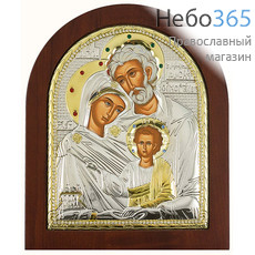  Икона в ризе (Ж) EK499-ХAG 16х19, Святое Семейство, шелкография, серебрение, золочение, на деревянной основе, со стразами, арочная, фото 1 