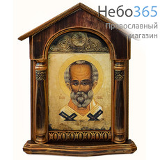  Николай Чудотворец, святитель. Икона в деревянном киоте 37х46х8 см, печать на холсте, киот с навершием и колоннами (№120) (Пин), фото 1 
