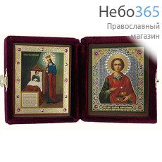  Складень бархатный 12х8,5 см, с иконами: икона Божией Матери Целительница, великомученик Пантелеимон (6х7,5 см), иконы со стразами (Пкт), фото 1 
