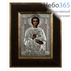  Пантелеимон, великомученик. Икона в ризе 10.5х13х1,5 см, полиграфия, серебрение, в деревянной раме (Лч), фото 1 