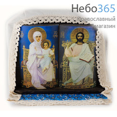  Спаситель и Богородица на престоле. Композиция на деревянной основе 32х28х6 см, на полочке, с рушником (№40) (Пин), фото 1 