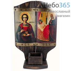  Целительница икона Божией Матери и великомученик Пантелеимон. Композиция на дереве 27х40х3 см, печать на холсте, объемная, фигурный верх, коробочка для освященного масла на полочке (№125) (Пин), фото 1 