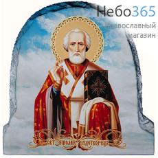 Николай Чудотворец, святитель. Икона на камне 15х15х0,8 см, термопечать, на подставке, арочная (М03 голубой фон) (К), фото 1 