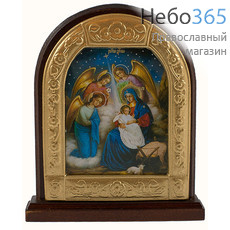  Рождество Христово. Икона на дереве 6х9, арочная, на подставке (Х294) (Мис) на синем фоне, фото 1 