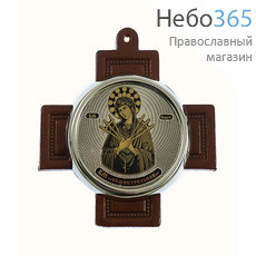  Семистрельная икона Божией Матери. Икона автомобильная 5,5х5,5 см, на обсидиане с посеребрением, в посеребренной рамке, на кожаном кресте, подвесная, круглая (Л) (КШ-01с), фото 1 