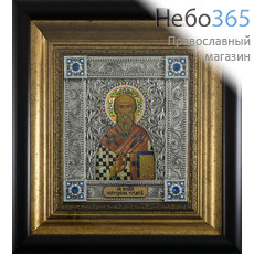  Спиридон Тримифунтский, святитель. Икона в ризе 30х33х4 см, полиграфия, серебрение, золочение, скань, эмаль, стразы, в деревянной раме под стеклом (Лч), фото 1 
