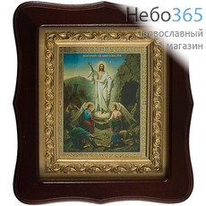  Воскресение Христово. Икона в фигурном деревянном киоте со стеклом, 20х22 см, внутренняя рама с лепниной (Мис), фото 1 