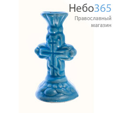  Подсвечник керамический "Крест", средний, разных цветов, высотой 7,5 см (в уп. - 10 шт.)РРР цвет: голубой, фото 1 