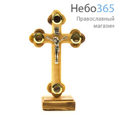  Крест деревянный Иерусалимский из оливы, с металлическим распятием, с 4 вставками, на подставке, высотой 15,5 см, фото 1 