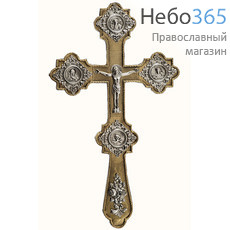  Крест напрестольный металлический из бронзы, с позолотой, с мельхиоровыми накладками, с чеканкой, ручной работы, высотой 31 см, фото 1 