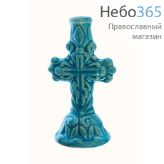  Подсвечник керамический "Крест", резной, разных цветов, высотой 8,7 см (в уп. - 10 шт.)РРР голубой, фото 1 