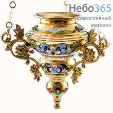  Лампада подвесная латунная "Каскад", без стакана, с эмалью со сканью, с золочением, высотой 18 см с синей эмалью и камнями, вид № 3, фото 1 