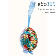  Яйцо пасхальное деревянное подвесное, "Цветочное. С инкрустацией", с ручной росписью, разных цветов, высотой 9 см, 21019, 1235 Цвет фона: красный, фото 1 