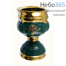  Лампада настольная керамическая "Кубок", средняя, на высокой ножке, с эмалью и золотом цвет: зеленый, фото 1 