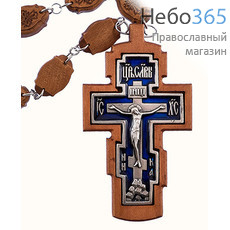  Крест деревянный наперсный иерейский 17153 -1, резной, с гальванической посеребренной вставкой, с эмалью, на деревянной цепочке с синей эмалью, фото 1 