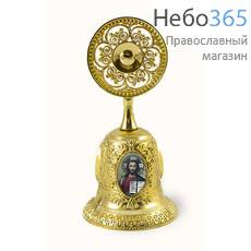  Колокольчик металлический с металлизированными цветными иконами, с круглой ажурной ручкой, высотой 9,3 см., фото 1 