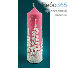  Свеча парафиновая рождественская, "Снежный лес", пеньковая, большая, высотой 14,5 см, в ассортименте (в коробе - 15 шт.), 11-18 цвет свечи: розовый, фото 1 