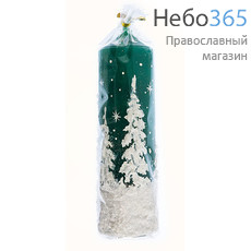 Свеча парафиновая рождественская, "Снежный лес", пеньковая, большая, высотой 14,5 см, в ассортименте (в коробе - 15 шт.), 11-18 цвет свечи: зеленый, фото 1 