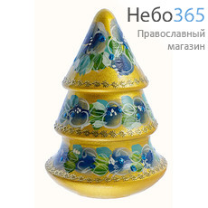  Сувенир рождественский деревянный, "Елка - неваляшка", с росписью "Цветы", со звоном, высотой 12,5 см, в ассортименте цвет: золотой, фото 1 