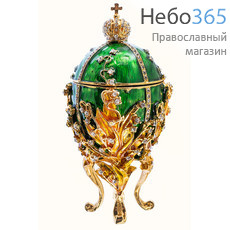  Яйцо пасхальное металлическое - шкатулка в стиле Фаберже, ЛАНДЫШИ, с эмалью, золотом и стразами, зеленое, выс.15 см, фото 1 