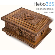  Мощевик - ковчег деревянный, из фанеры прямоугольный, с нижней платформой, резной, со стеклом в резной раме, 29 х 23 х 16 см, КСП, 4348 цвет: темный, фото 3 