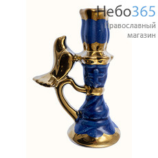  Подсвечник* керамический "Башенка", высокий, с голубем на ручке, комбинированный, с эмалью и золотом, высотой 10,5-12,5 см (в уп.- 5 шт.)РРР синий, фото 1 