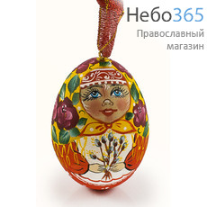  Яйцо пасхальное деревянное подвесное, "Матрешка", с акриловой ручной росписью, высотой 7 см, разноцветные девочка с вербой,в ассортименте, фото 2 